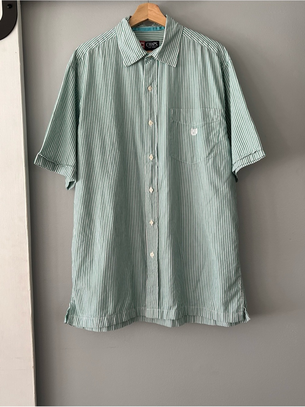 Chaps Shirt Men’s Large Tall Green White Striped Button Down Embroidered Logo